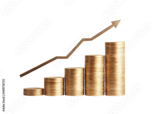 stack of golden coins increasing in height with rising arrow symbolizing financial growth and success. image conveys sense of economic prosperity and investment potential 