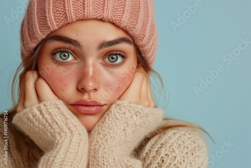 Portrait of young girl with freckles wearing pink beanie and sweater