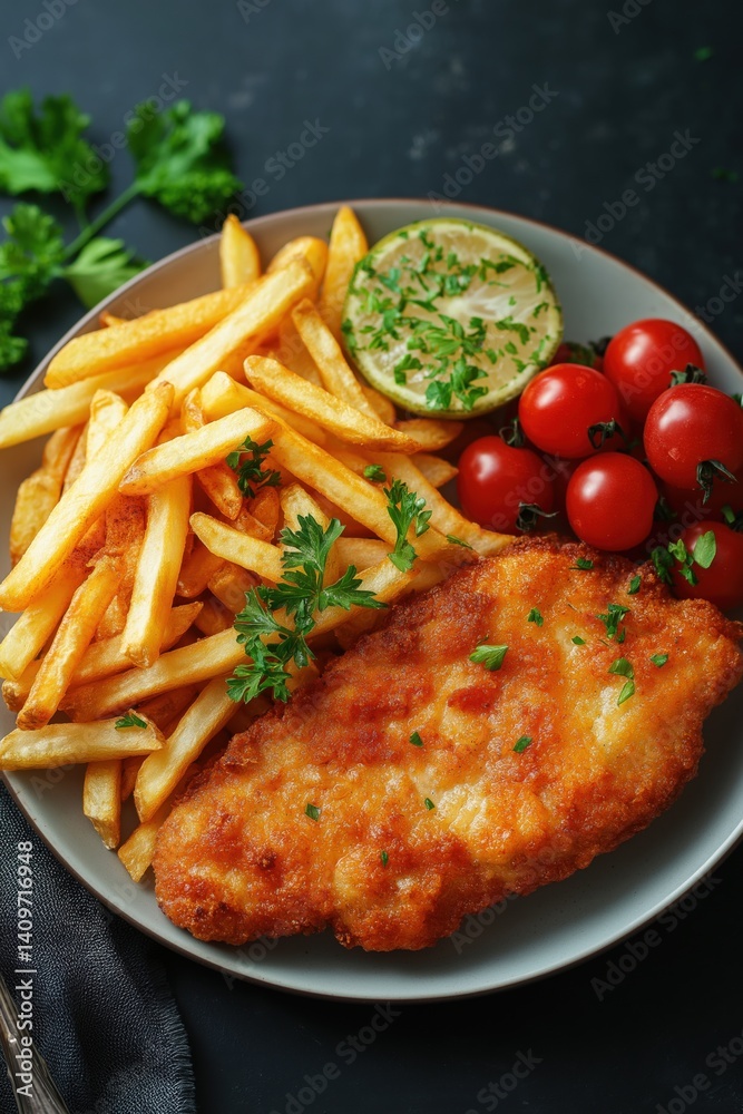 Delicious plate of chicken schnitzel with French fries, tomatoes, and lime