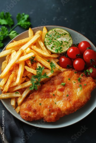 Obraz na płótnie Delicious plate of chicken schnitzel with French fries, tomatoes, and lime w salonie