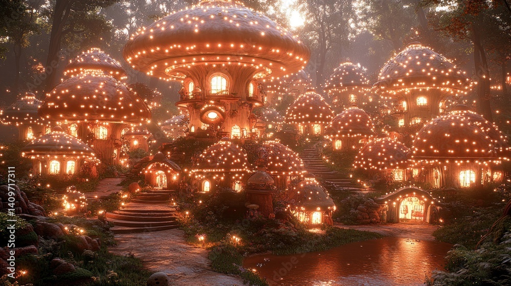 Enchanted mushroom village nestled in a lush forest, lit by warm glowing lights. Enchanted mushroom village nestled in a lush forest, lit by warm glowing lights.