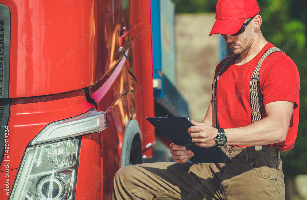 Semi Truck Driver Checks Paperwork During Vehicle Inspection at Site