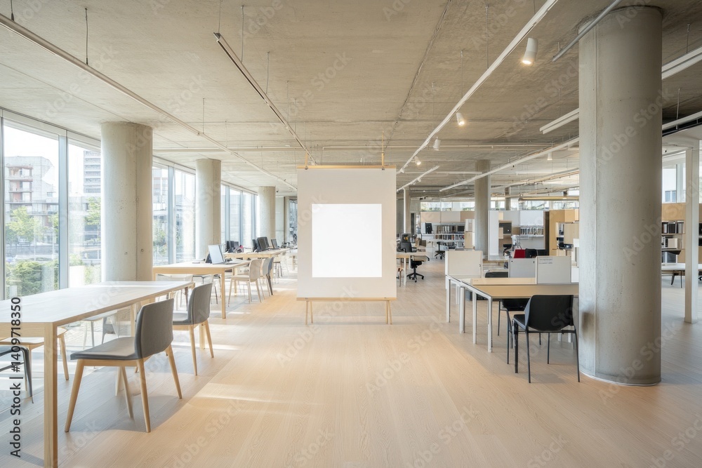 Fototapeta premium Interior view of a modern library with desks and furniture