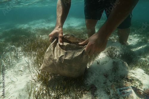 Diver Collecting Sample in Seagrass Bed Underwater Environment