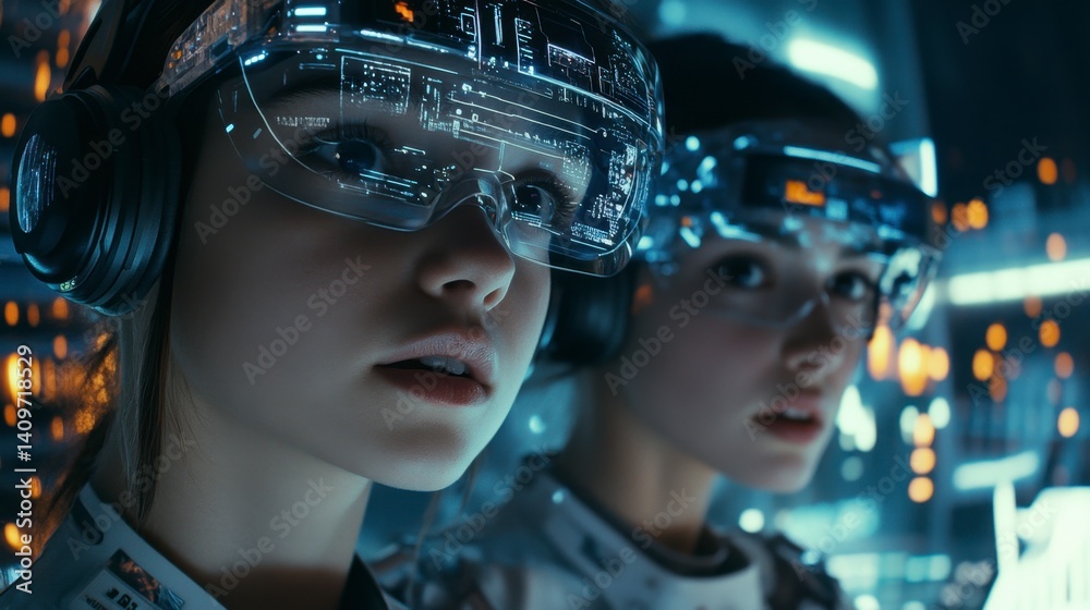 Futuristic Women with Advanced Augmented Reality Headsets in Lab Futuristic Women with Advanced Augmented Reality Headsets in Lab