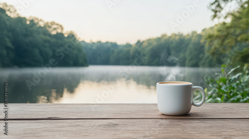 Fototapeta Naklejka Na Ścianę i Meble -  serene morning scene featuring steaming cup of coffee wooden table by tranquil lake
