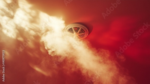 Smoke rising, triggering ceiling-mounted red smoke detector
