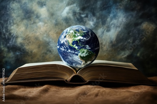 A world emerging from the pages of an open book, World from a book theme, Imaginative style