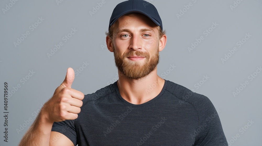 Fototapeta premium man wearing black t-shirt and black baseball cap smiles warmly with thumbs up 