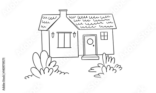 Vector black and white anti-stress coloring page depicting a charming house with a balcony, a fence and a lush garden with flowering bushes