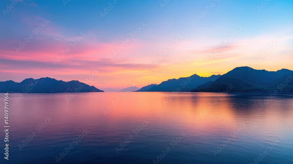 serene sunset over calm waters reflects vibrant colors, creating peaceful atmosphere serene sunset over calm waters reflects vibrant colors, creating peaceful atmosphere