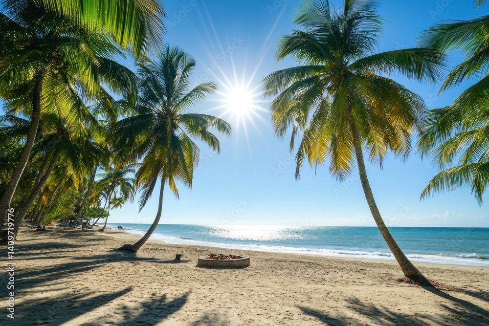Obraz premium Palm trees reaching towards the sun on a beautiful sandy beach scene