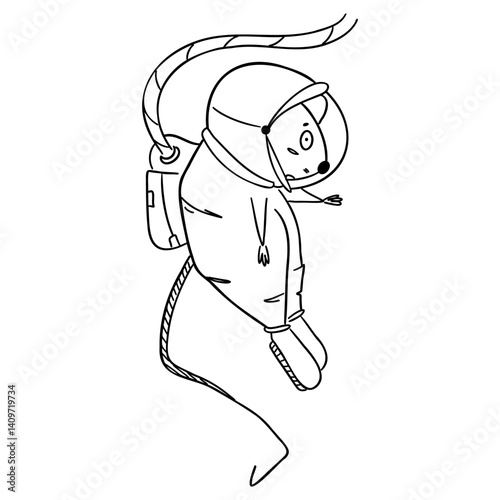 Funny cartoon mouse floating in space in a spacesuit. Line art perfect for coloring pages, kids' books, or sci-fi themed designs. Ideal for space adventures, imagination projects
