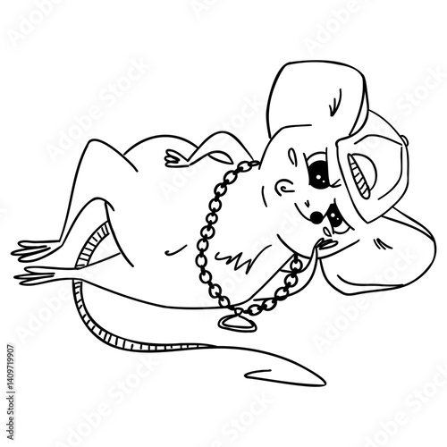 Relaxed cartoon mouse lying in a cap with a stylish chain. Line art illustration in a fun and cozy style — perfect for children's books, coloring pages, or character design projects with attitude 