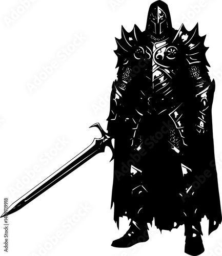 Shadow Warrior: A digitally crafted, formidable warrior, clad in intricate armor, embodies the essence of a dark fantasy realm.
