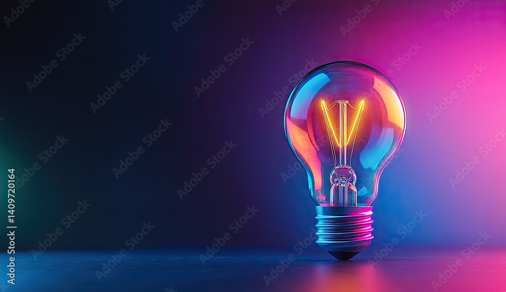 Illuminated lightbulb glows vibrantly against a dark, neon-hued background Illuminated lightbulb glows vibrantly against a dark, neon-hued background