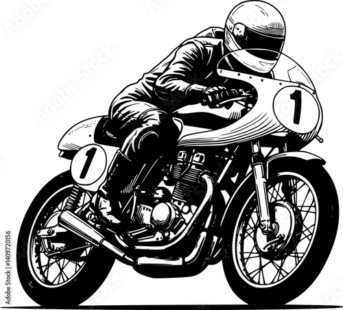 Vintage Motorcycle Racer: A classic illustration of a daring motorcycle racer, confidently leaning into a turn on a vintage racing bike, the epitome of speed and skill.