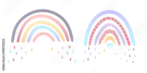 Set of two hand-drawn rainbow illustrations in soft pastel colors. One rainbow features warm pink and violet tones with cute heart and scallop details, while the other has blue and pink accents