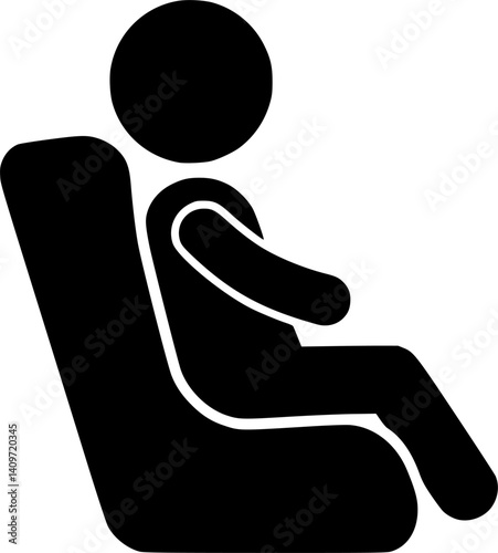 Child in Car Seat Icon: A simple yet effective black icon depicting a child securely seated in a car seat, emphasizing safety and protection.
