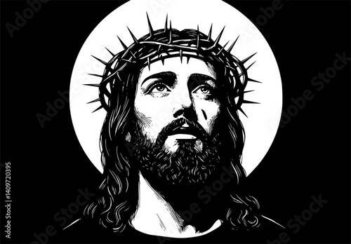 A Gaze of Faith: A striking monochrome portrait depicts Jesus, crowned with thorns, gazing heavenward with an expression of serene devotion and unwavering faith.