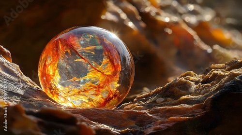 Amber sphere on weathered rock, golden light
