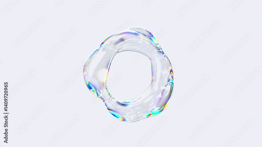 Transparent multicolored liquid moving shape with iridescent effect. Abstract fluid distorted torus. 3d render 4K loop animation.