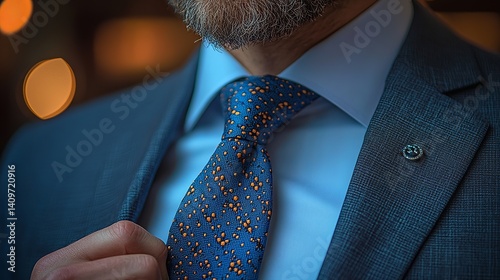 Close up of a man in a suit adjusting his blue tie with orange dots and wearing a lapel pin on his jacket