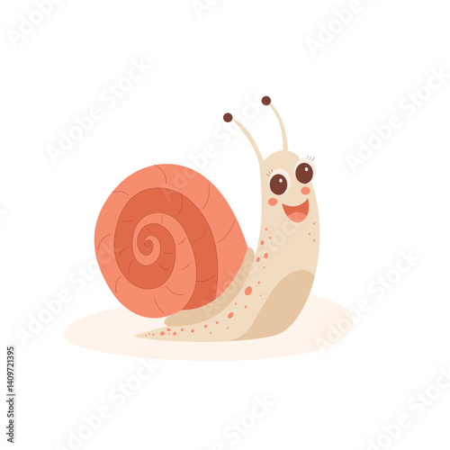 PrintCute cartoon snail with smiling face and spiral shell. Funny hand drawn character in pastel colors. Perfect for kids design, baby products, nursery, and educational materials.