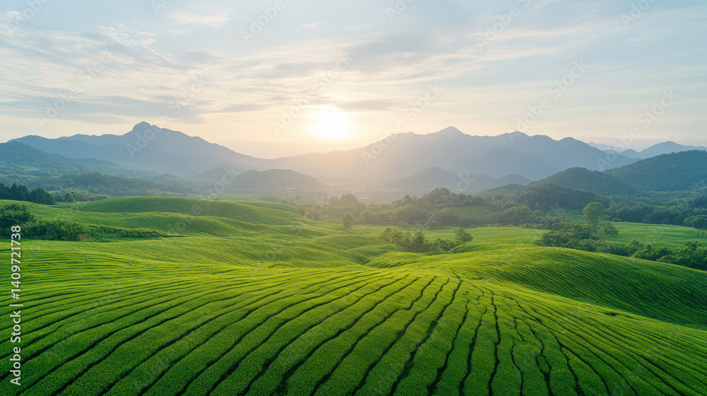 Lush green tea fields stretch across rolling hills serene sky, illuminated by soft morning light Lush green tea fields stretch across rolling hills serene sky, illuminated by soft morning light