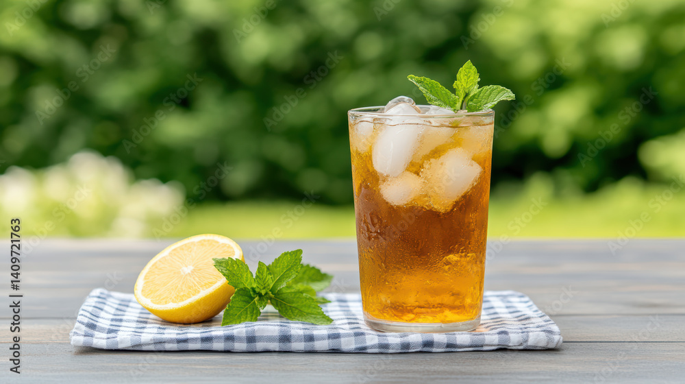 Fototapeta premium Refreshing iced tea with lemon and mint on picnic table