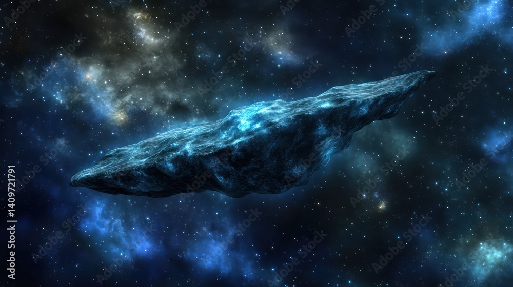 Fototapeta premium Cosmic rock asteroid hurtling through nebula; space exploration