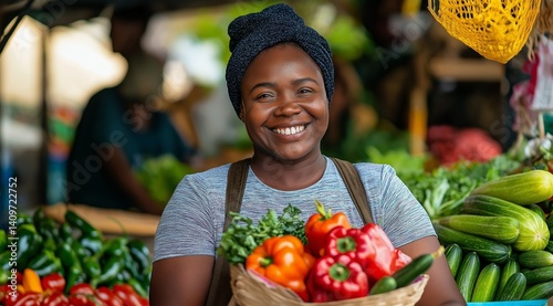 Smiling woman at market holding basket of fresh vegetables
