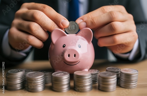 Person inserting coin into piggy bank with stacked coins