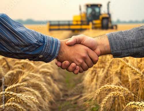 Farmers shaking hands in golden wheat field at sunset