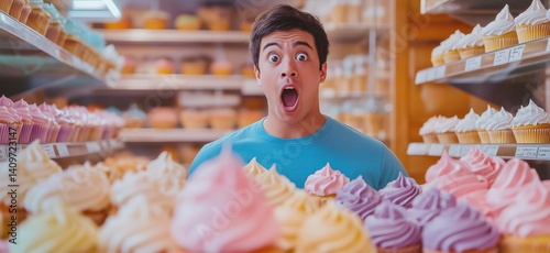 Surprised man looking at colorful cupcakes in bakery