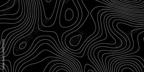 A seamless black and white topographic map pattern featuring stylized contour lines that represent elevation. This vintage-inspired design captures the classic look of outdoor maps with intricate line