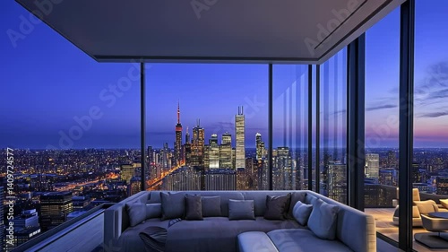 Cityscape penthouse lounge at twilight
