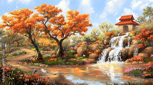 Autumnal Waterfall Garden Scene