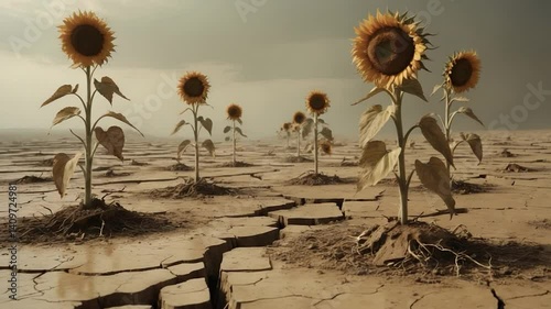 Sunflowers drooped in a dry and desolate field. Climate change and desertification. Absence of moisture resulted in the demise of all the vegetation.