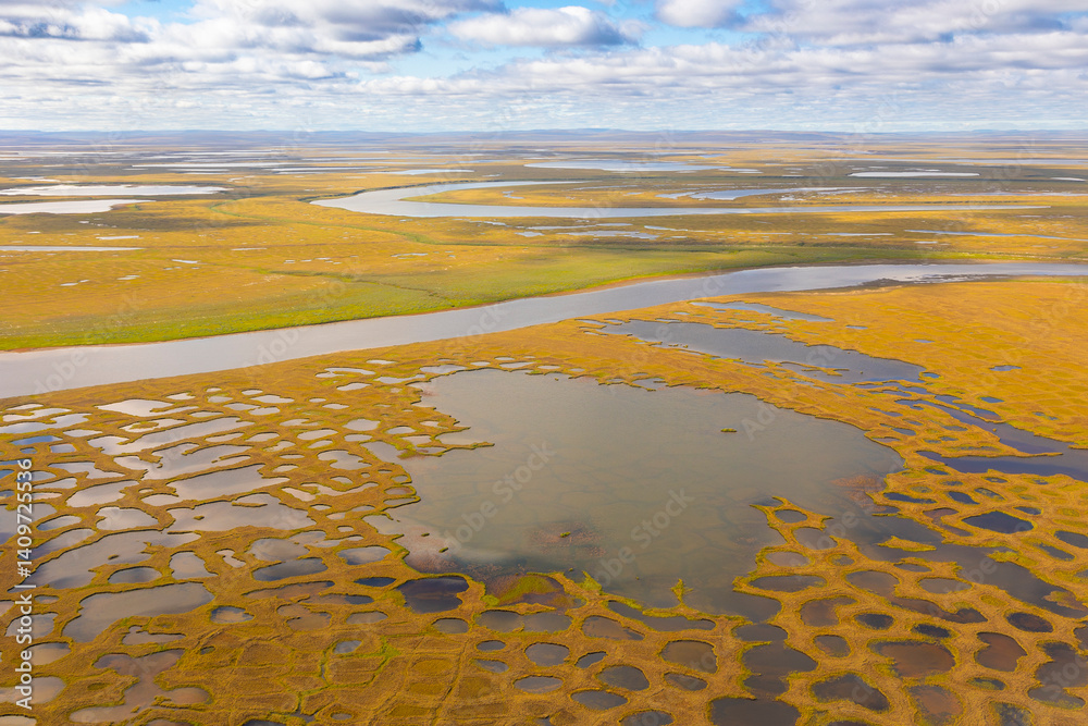 Top view of the tundra. Lakes and swamps
