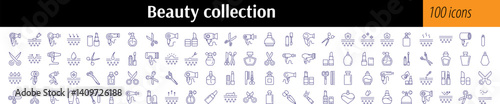 Pack of Beauty Related Line Icons. Skin Care, Scissors, Hair Dryer, Lipstick, Perfume Outline Signs for Graphic and Web Design, Apps, Adverts, Various Cards