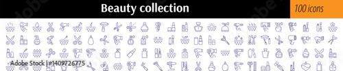Beauty Line Icon Pack. Skin Care, Scissors, Hair Dryer, Lipstick, Perfume Outline Signs for Graphic and Web Design, Apps, Adverts, Various Cards