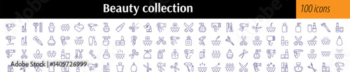 Beauty Thin Line Icon Set. Skin Care, Scissors, Hair Dryer, Lipstick, Perfume Outline Signs for Graphic and Web Design, Apps, Adverts, Various Cards