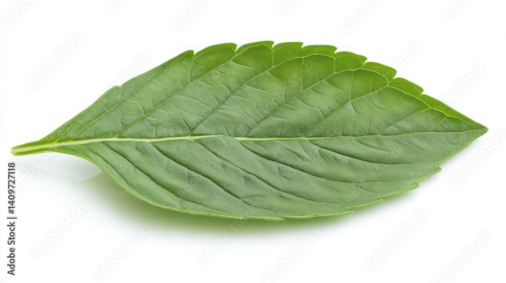 Obraz premium Single fresh mint leaf isolated on white background, studio shot, for food or beverage packaging