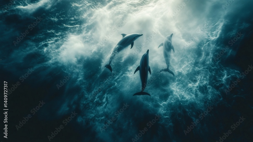 Fototapeta premium Dolphins leaping, ocean waves, underwater, marine wildlife, nature photography