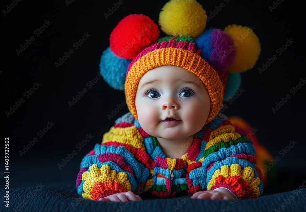 Fototapeta premium Adorable Baby in Colorful Outfit with Cheerful Pom-Pom Hat