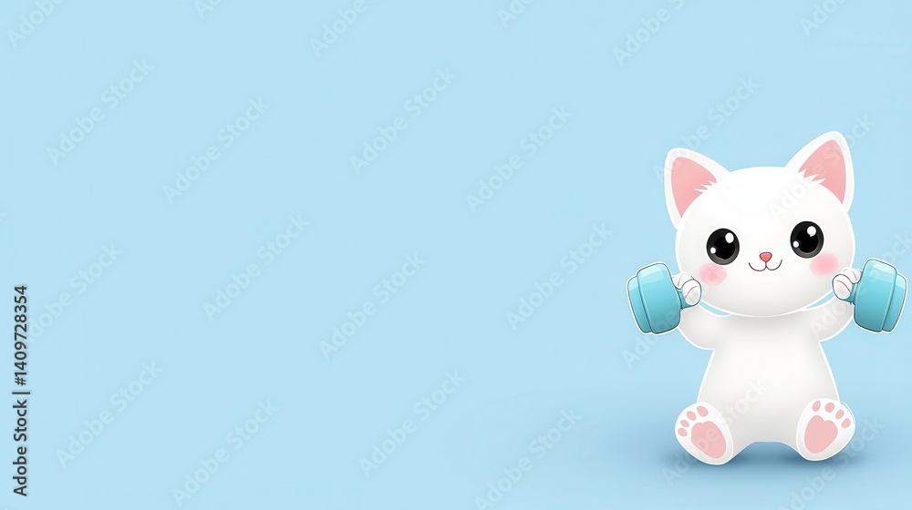 Obraz premium Kawaii chibi cat lifting dumbbells cute fitness scene digital art playful environment adorable viewpoint