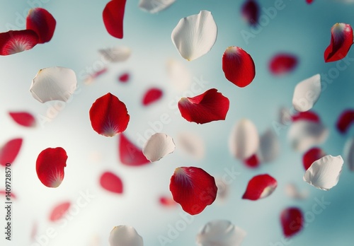 Delicate Red and White Rose Petals Falling Against Soft Blue Background
