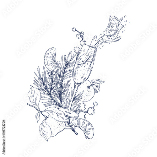 Christmas collection with levitation tangerines, glass of splashing champagne and pine twigs. Graphic illustration hand drawn in black ink. Composition, arrangement, sublimation EPS vector.