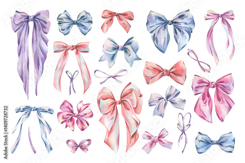 Bows big and small, thin and wide from satin ribbons in pink, blue, lilac, coral shades. Watercolor illustration, hand-drawn on the theme of Bows of coquettes. Set of isolated elements